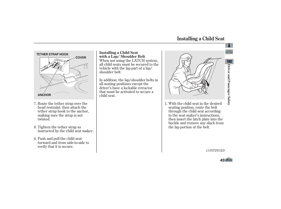 Installing a child seat | Acura 2013 TL User Manual | Page 53 / 650