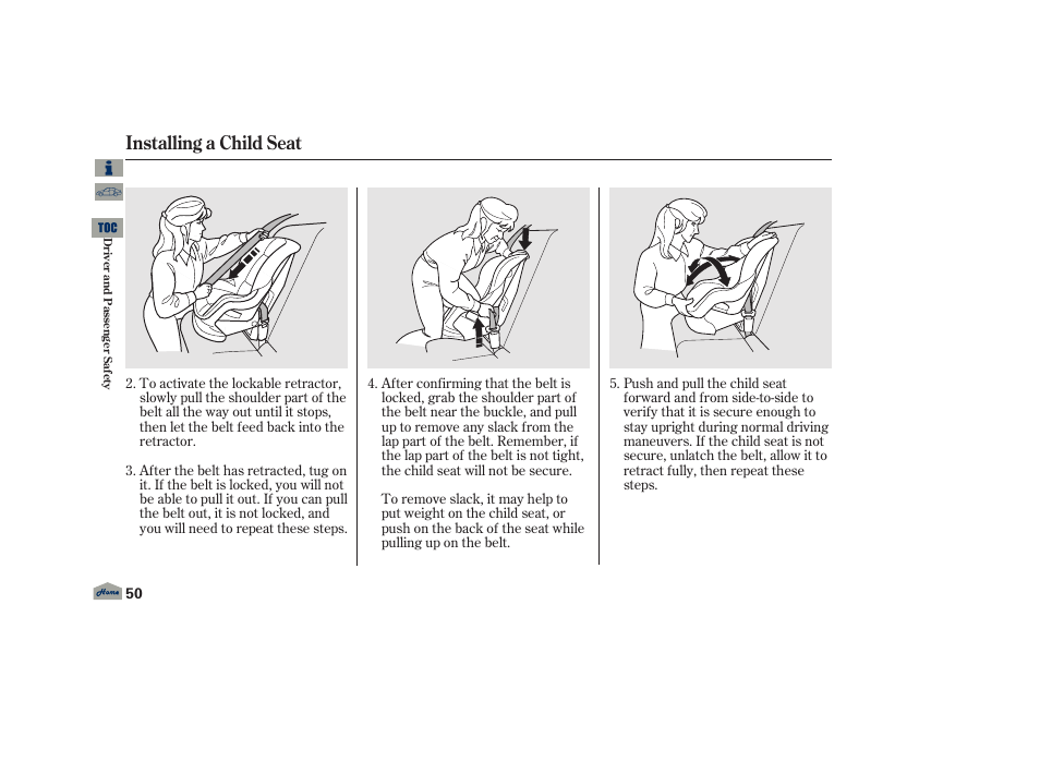 Installing a child seat | Acura 2013 TL User Manual | Page 54 / 650