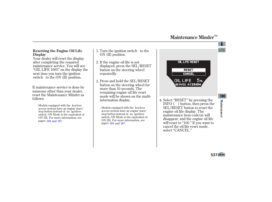 Maintenance minder | Acura 2013 TL User Manual | Page 541 / 650