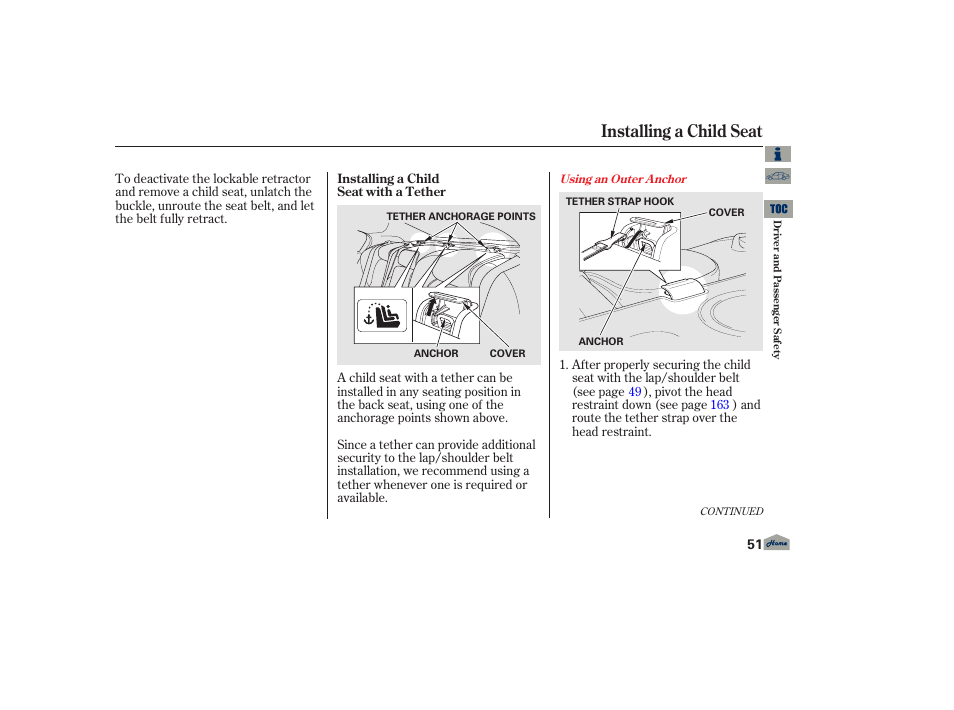 Installing a child seat | Acura 2013 TL User Manual | Page 55 / 650