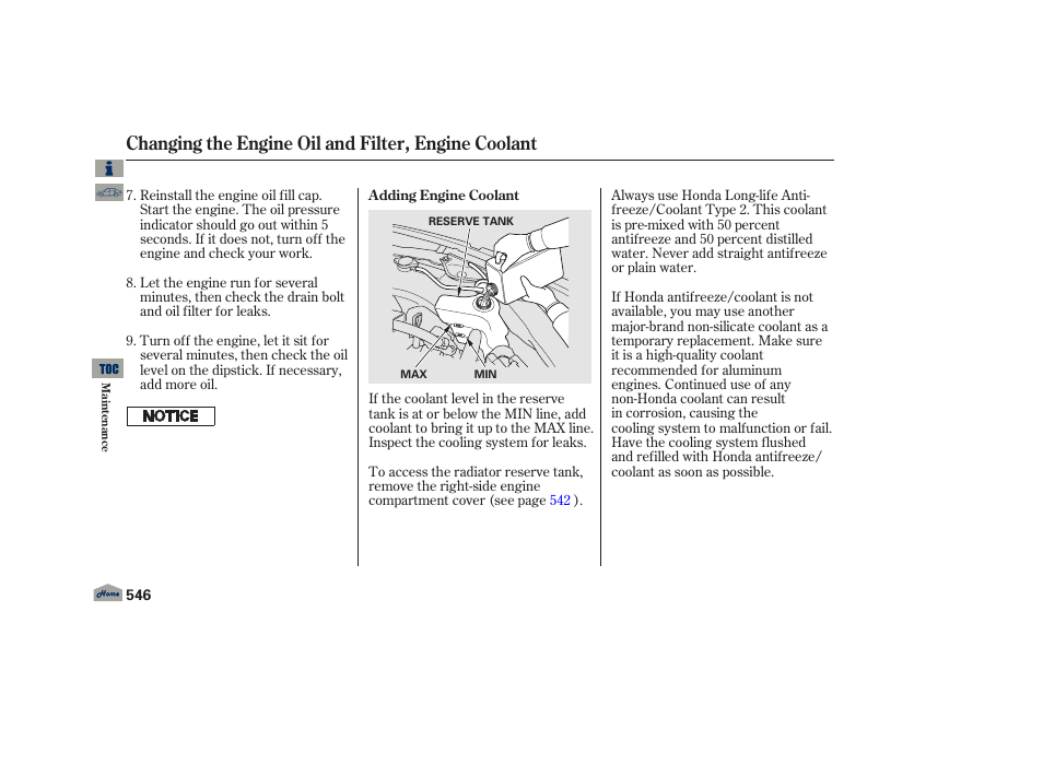 Engine coolant, Engine coolant reservoir, Changing the engine oil and filter, engine coolant | Acura 2013 TL User Manual | Page 550 / 650