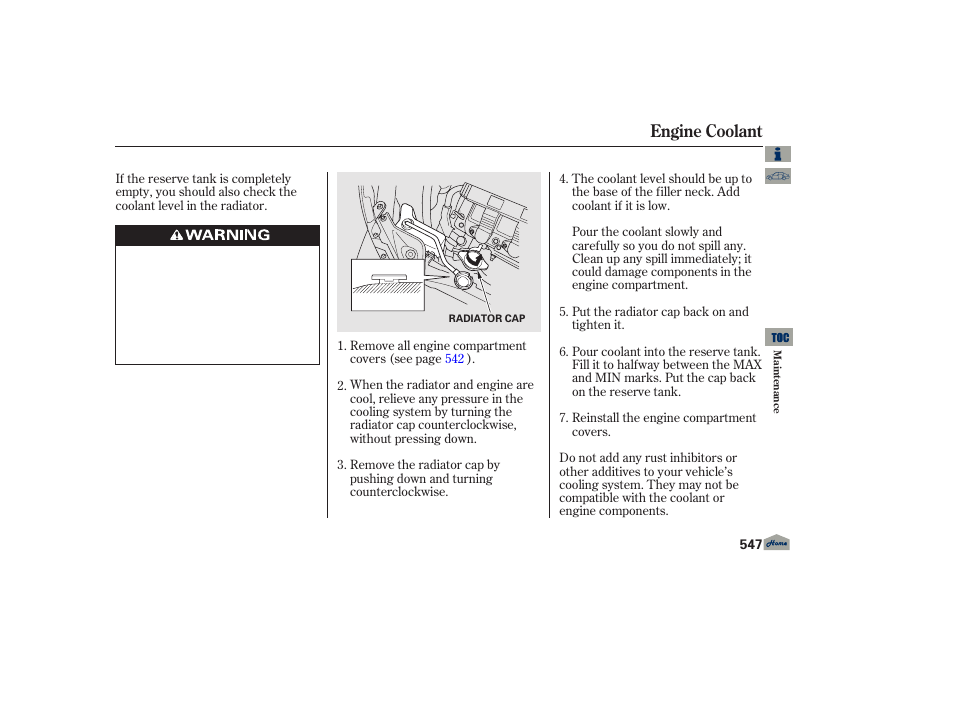 Radiator cap, Engine coolant | Acura 2013 TL User Manual | Page 551 / 650