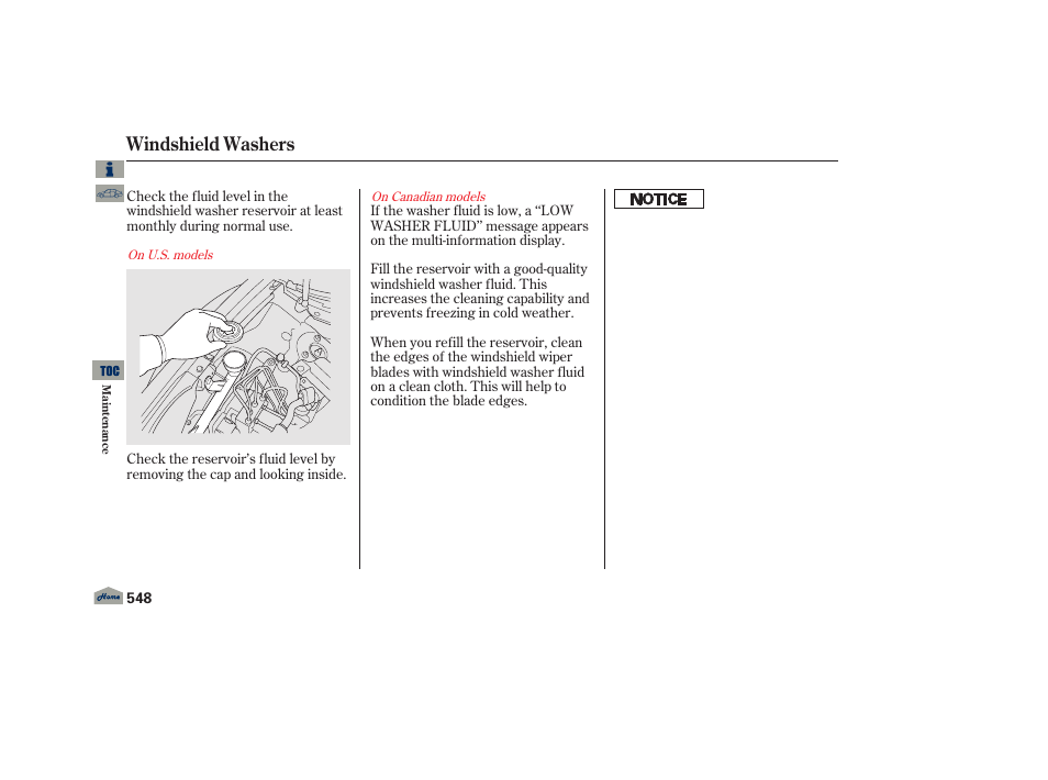 Windshield washers, Washer fluid | Acura 2013 TL User Manual | Page 552 / 650