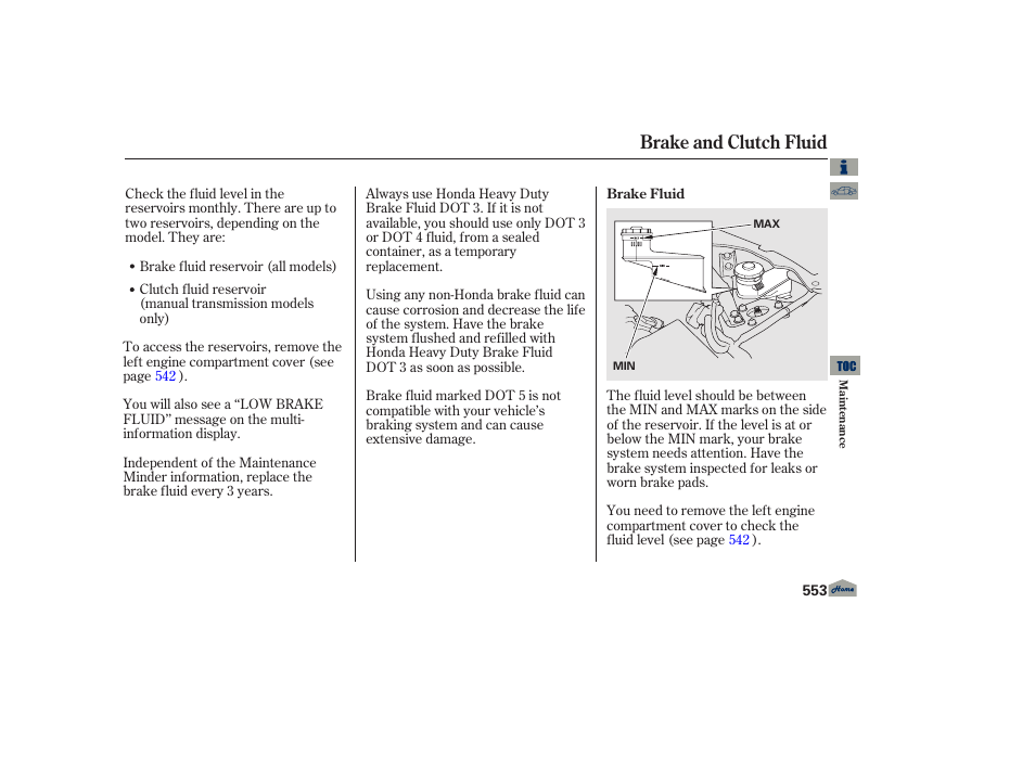 Brake and clutch fluid, Brake fluid | Acura 2013 TL User Manual | Page 557 / 650