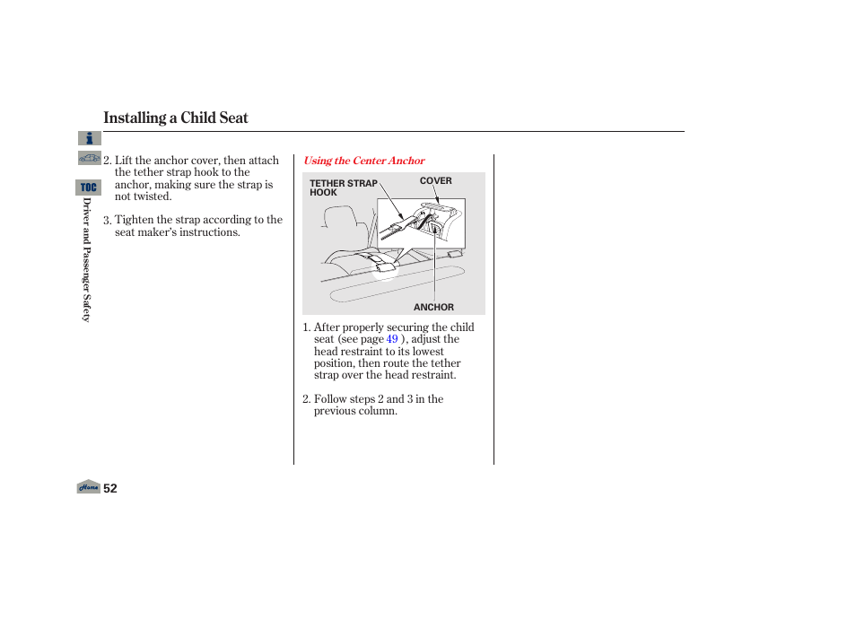 Installing a child seat | Acura 2013 TL User Manual | Page 56 / 650