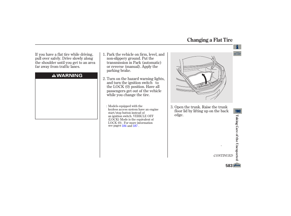 Changing a flat tire | Acura 2013 TL User Manual | Page 587 / 650