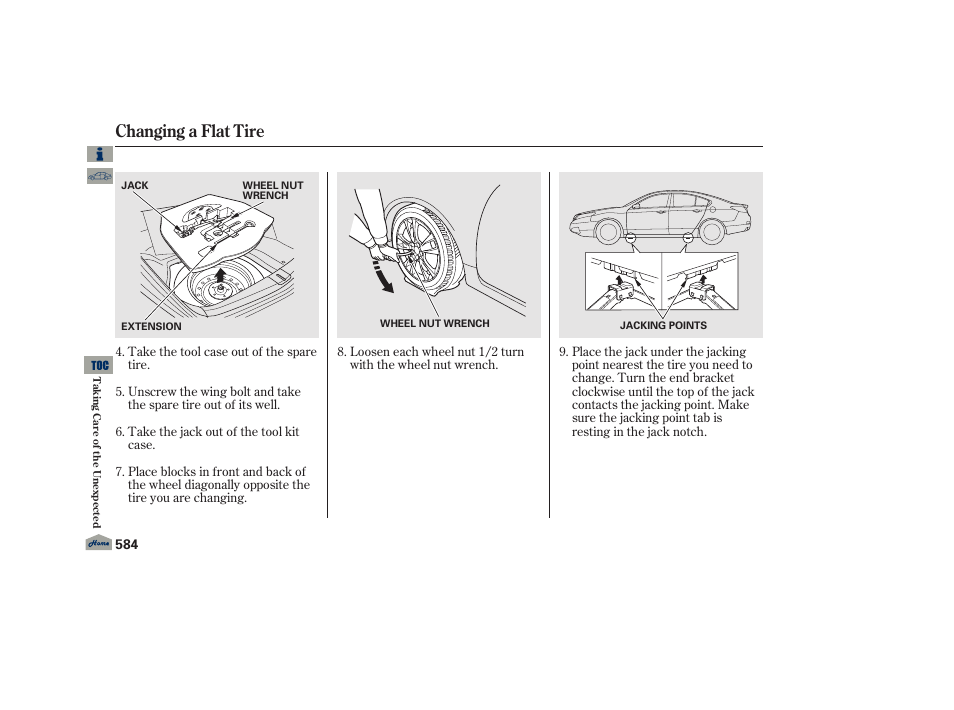 Changing a flat tire | Acura 2013 TL User Manual | Page 588 / 650