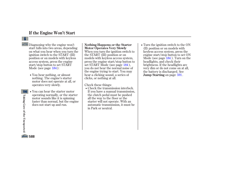 If the enginewon’t start, If the engine won’t start | Acura 2013 TL User Manual | Page 592 / 650