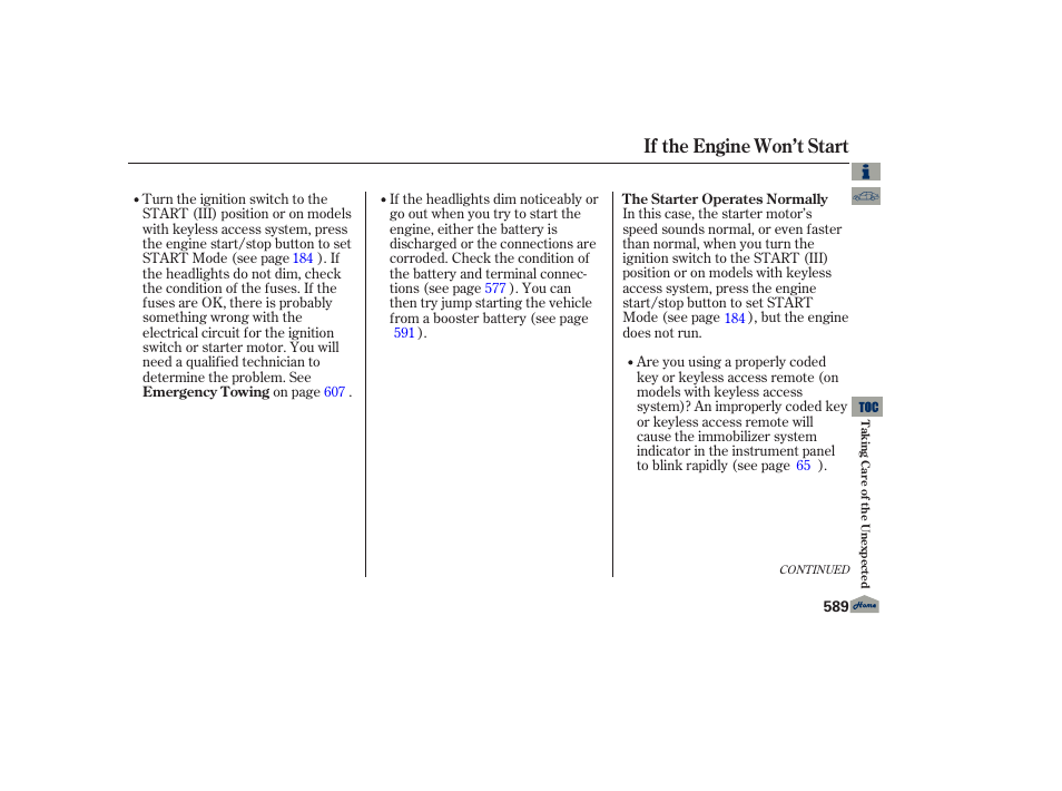 If the engine won’t start | Acura 2013 TL User Manual | Page 593 / 650