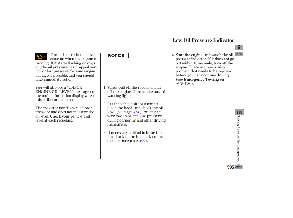 Low oil pressure indicator | Acura 2013 TL User Manual | Page 599 / 650