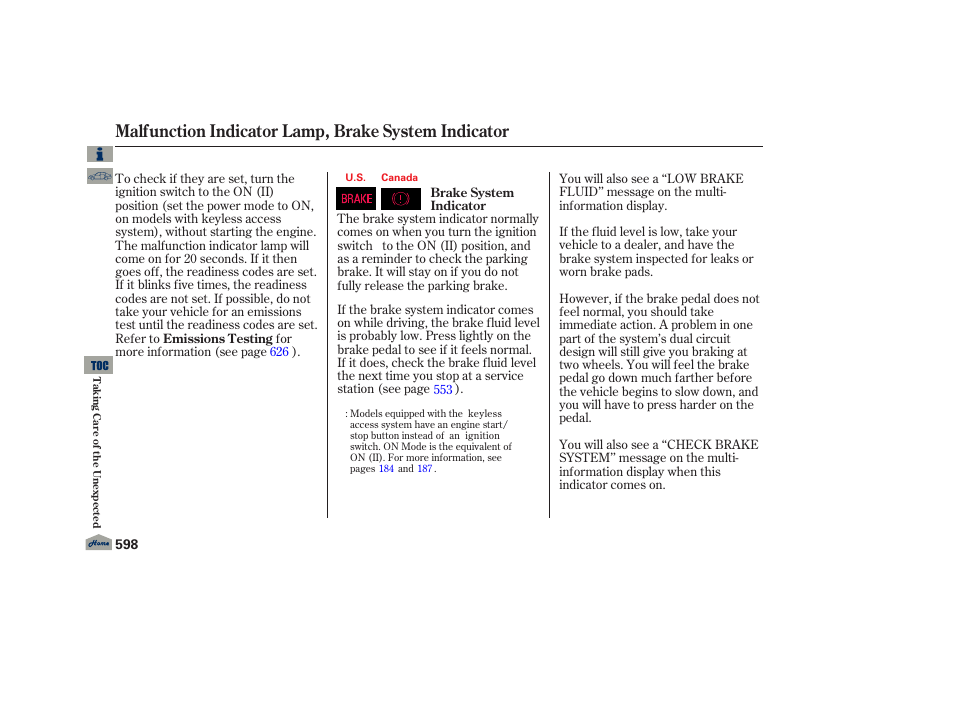 Brake system indicator, Malfunction indicator lamp, brake system indicator | Acura 2013 TL User Manual | Page 602 / 650