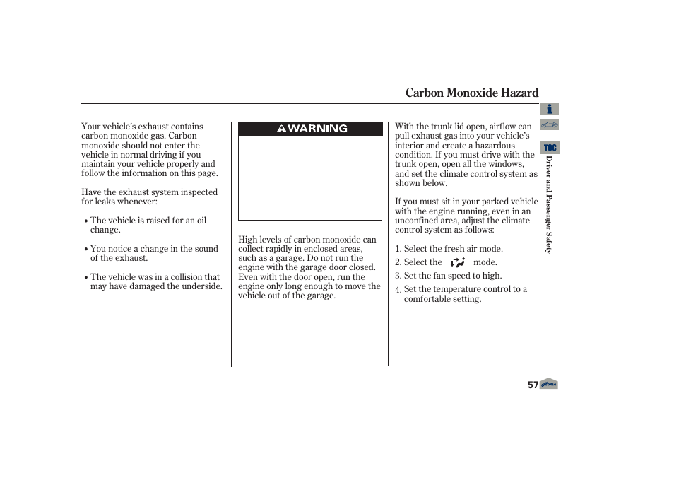 Carbon monoxide hazard | Acura 2013 TL User Manual | Page 61 / 650
