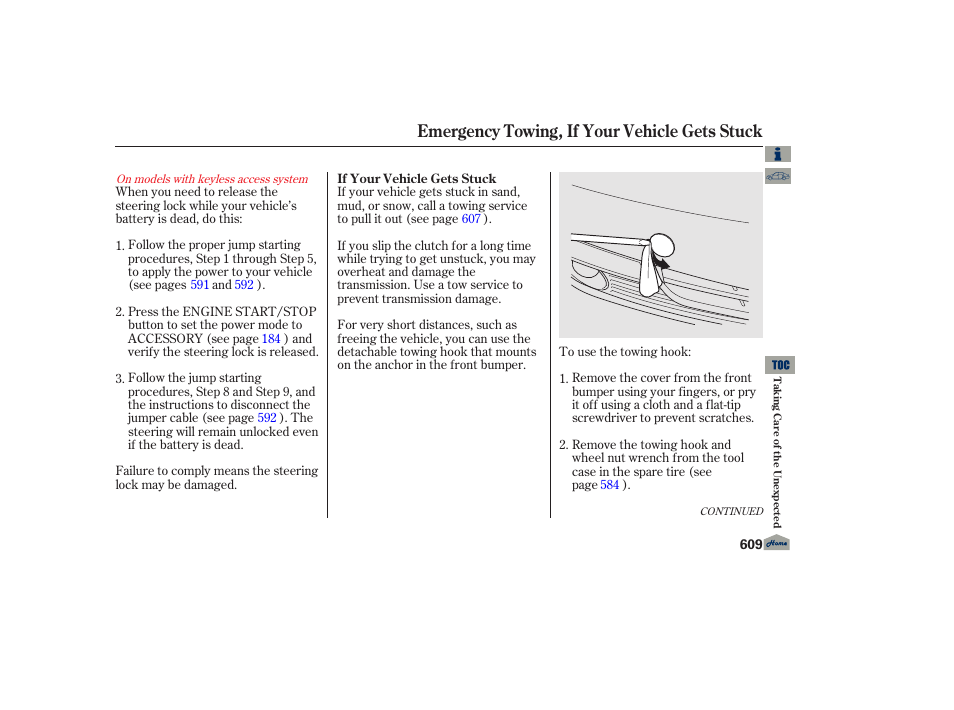 If your vehicle gets stuck, Emergency towing, if your vehicle gets stuck | Acura 2013 TL User Manual | Page 613 / 650