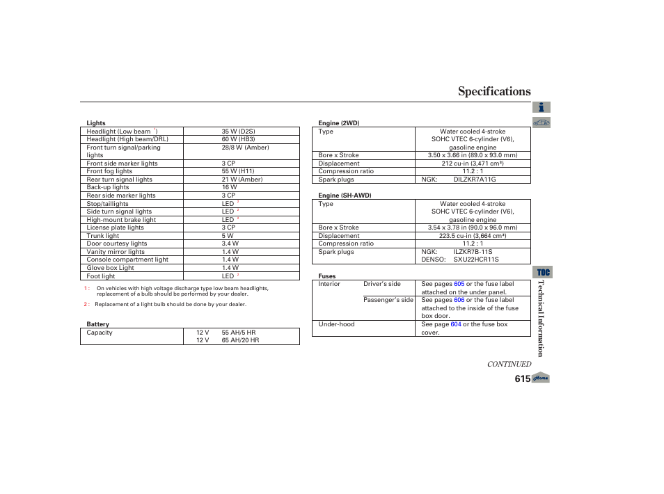 Specifications, 2013 tl | Acura 2013 TL User Manual | Page 619 / 650