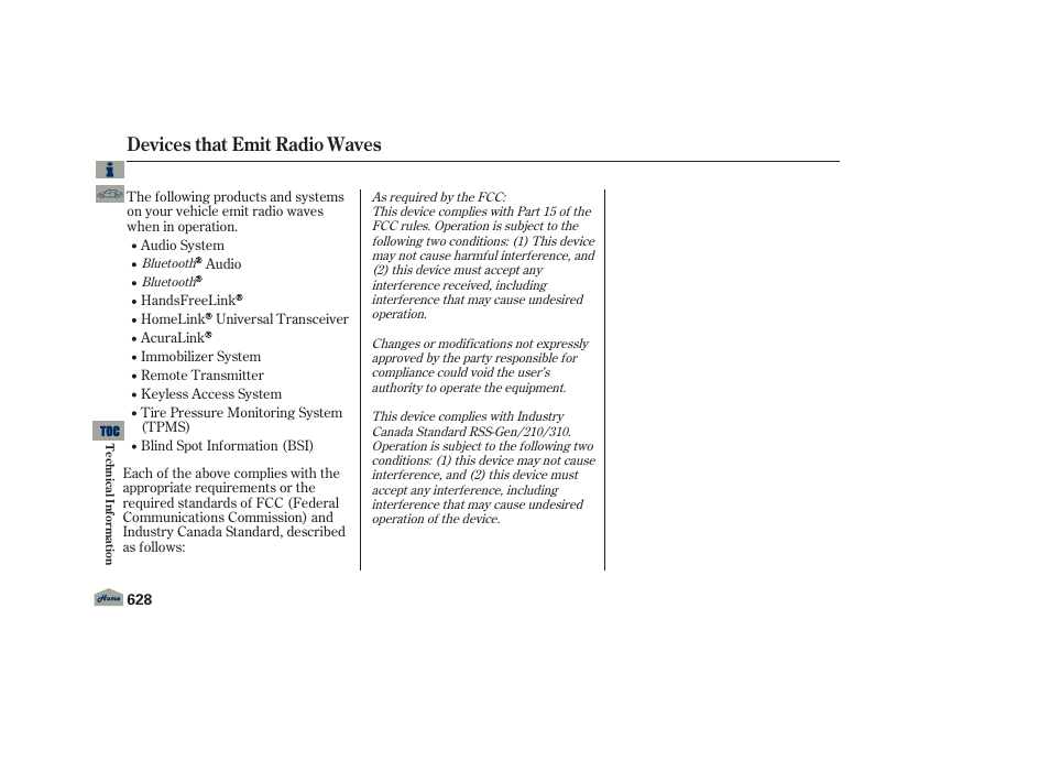 Devices that emit radiowaves, Devices that emit radio waves | Acura 2013 TL User Manual | Page 632 / 650