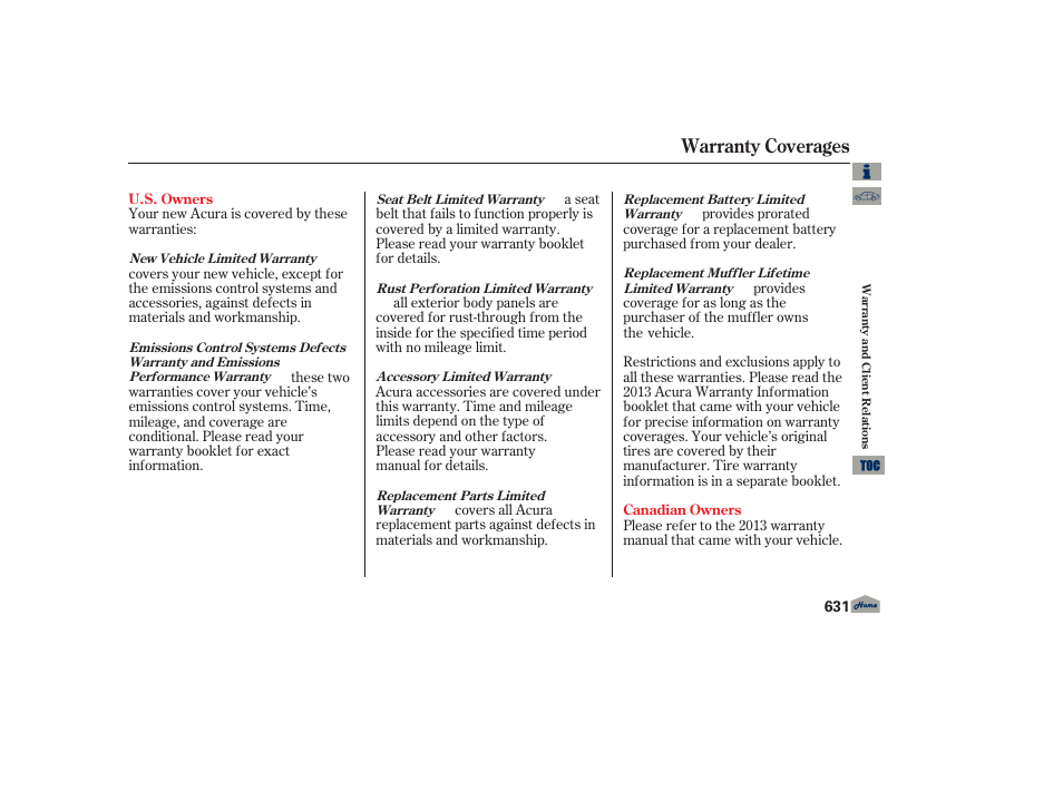 Warranty coverages | Acura 2013 TL User Manual | Page 635 / 650