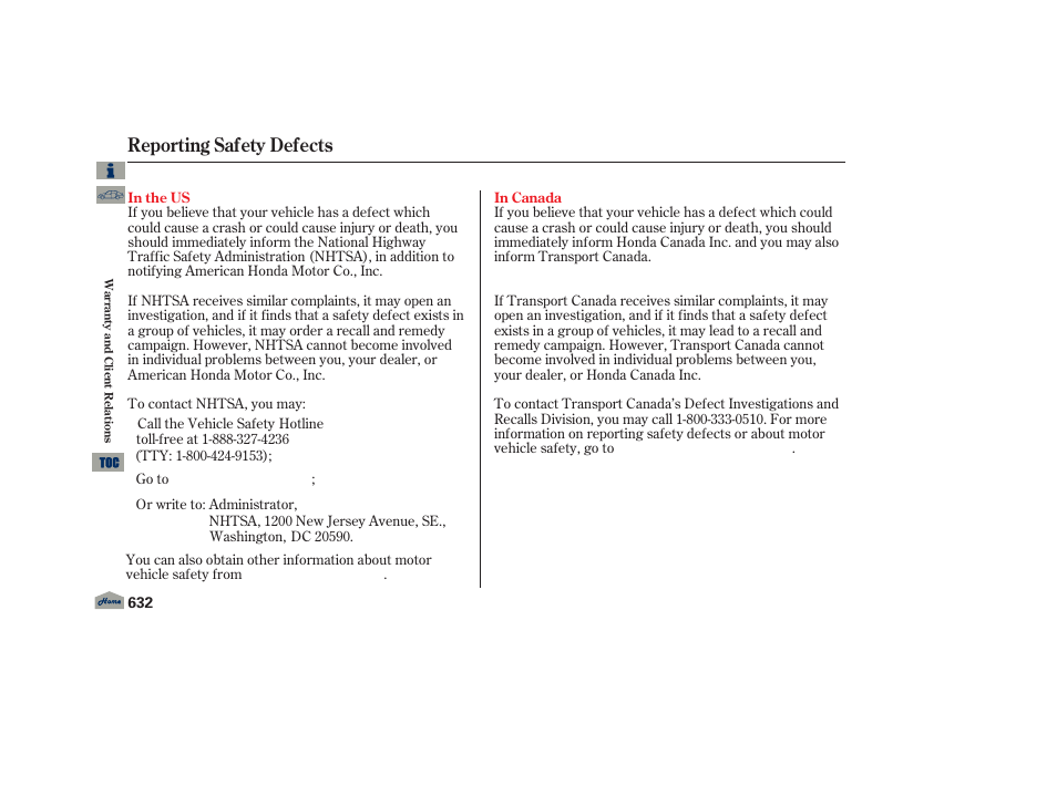 Reporting safety defects | Acura 2013 TL User Manual | Page 636 / 650