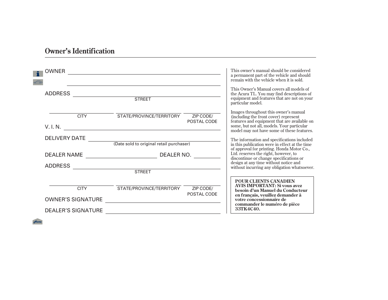 Owner’s identification, Owner's identification form | Acura 2013 TL User Manual | Page 650 / 650