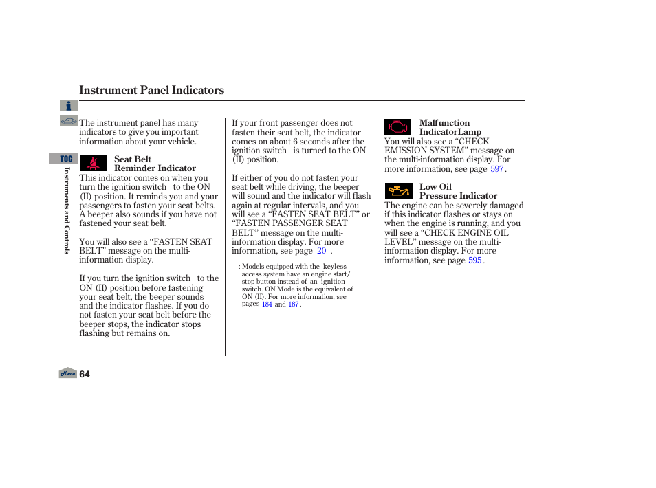 Instrument panel indicators, P. 64 | Acura 2013 TL User Manual | Page 68 / 650