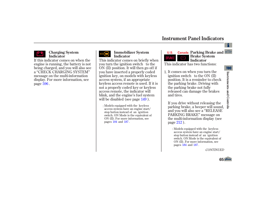 P. 65, Instrument panel indicators | Acura 2013 TL User Manual | Page 69 / 650