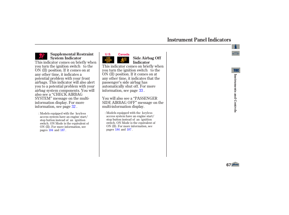 P. 67, Instrument panel indicators | Acura 2013 TL User Manual | Page 71 / 650