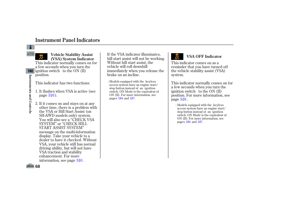 P. 68, Instrument panel indicators | Acura 2013 TL User Manual | Page 72 / 650