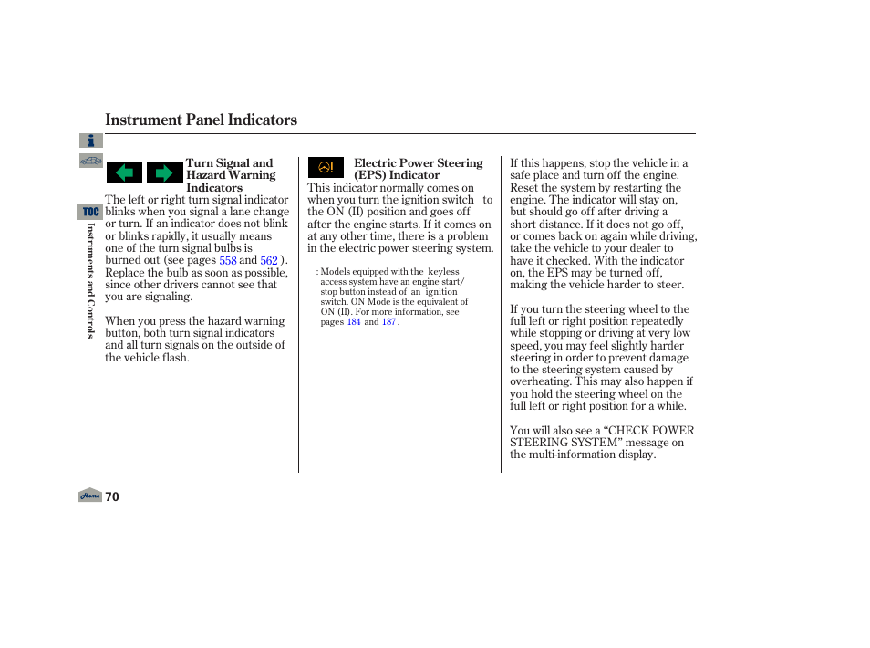 P. 70, Instrument panel indicators | Acura 2013 TL User Manual | Page 74 / 650