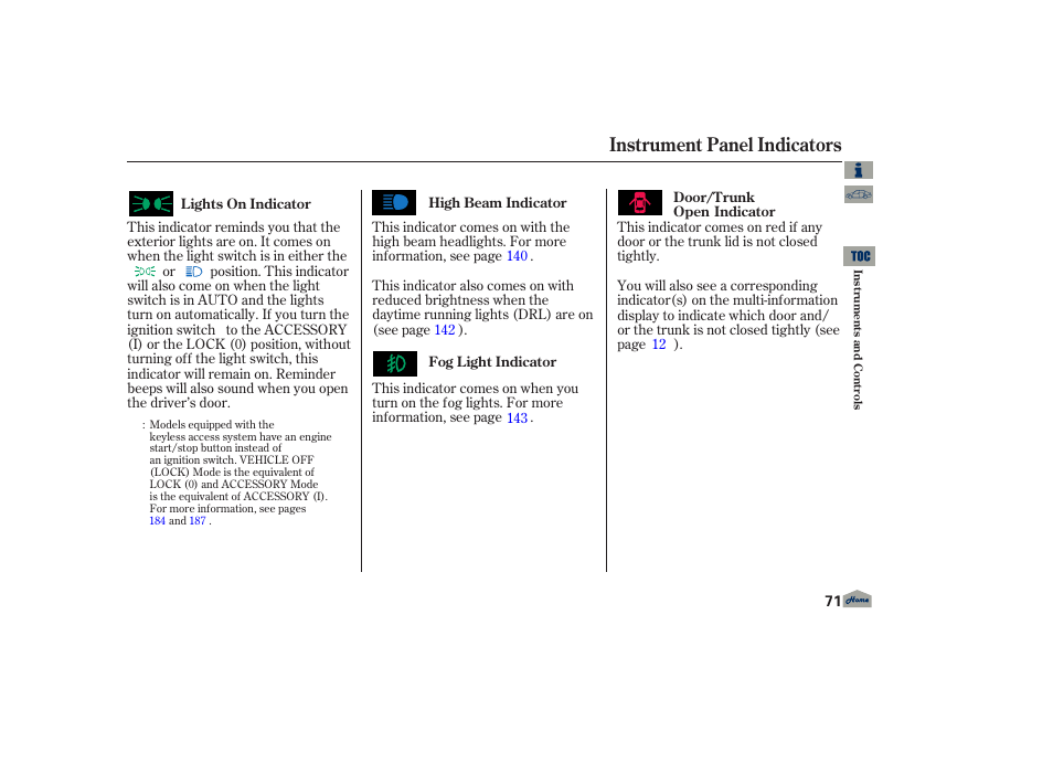 P. 71, Instrument panel indicators | Acura 2013 TL User Manual | Page 75 / 650