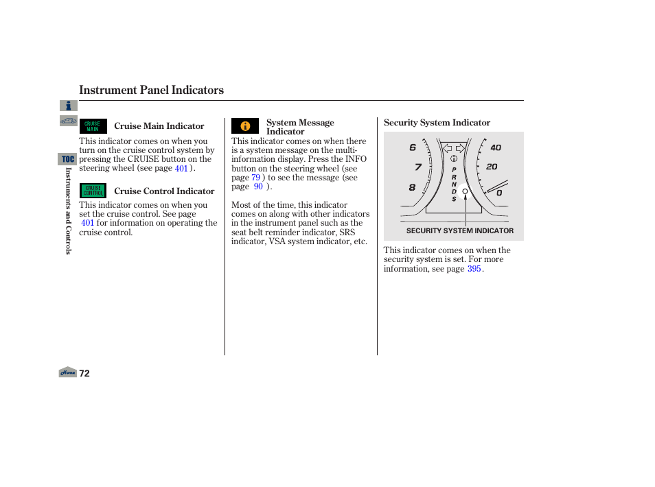 P. 72, Instrument panel indicators | Acura 2013 TL User Manual | Page 76 / 650