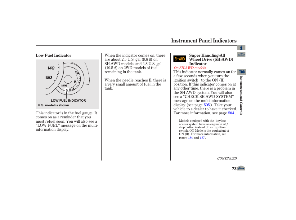 P. 73, Instrument panel indicators | Acura 2013 TL User Manual | Page 77 / 650