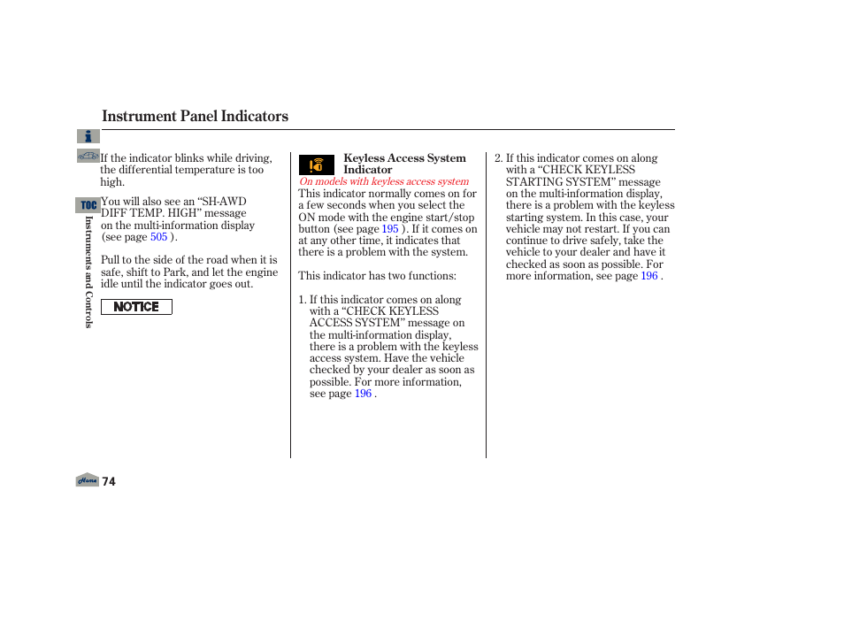 Instrument panel indicators | Acura 2013 TL User Manual | Page 78 / 650