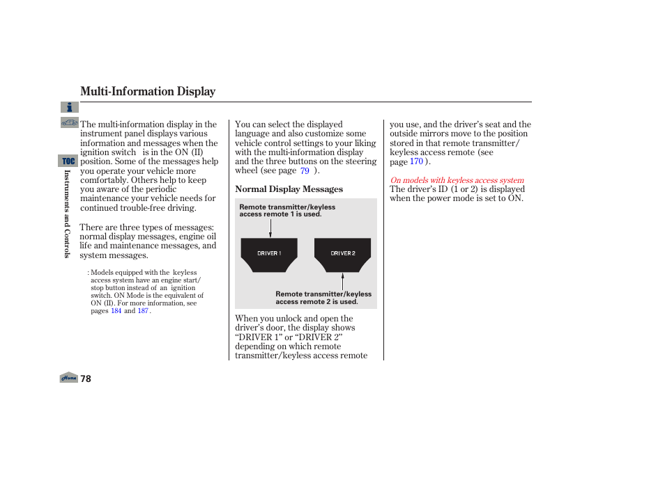Multi-information display, P. 78 | Acura 2013 TL User Manual | Page 82 / 650