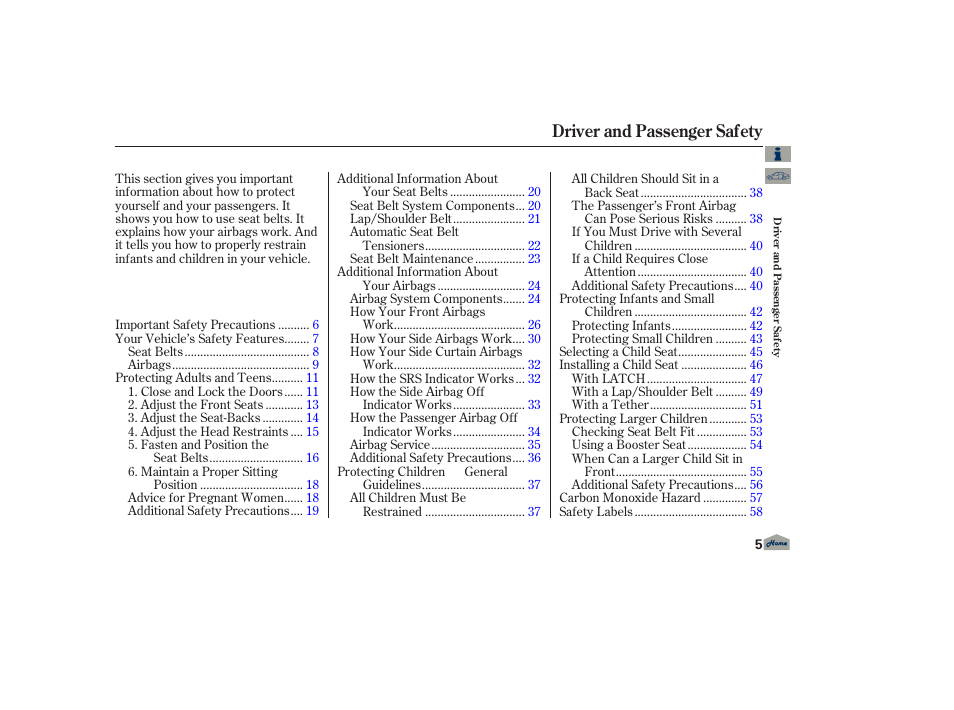 Driver and passenger safety, Driver and passenger saf ety | Acura 2013 TL User Manual | Page 9 / 650