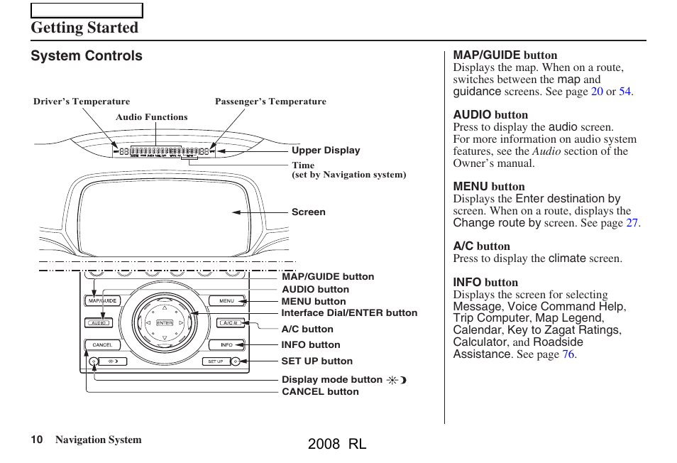 Getting started, 2008 rl, System controls | Acura 2008 RL Navigation User Manual | Page 10 / 162