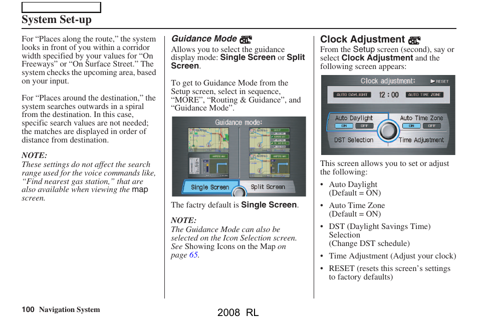 System set-up, 2008 rl | Acura 2008 RL Navigation User Manual | Page 100 / 162