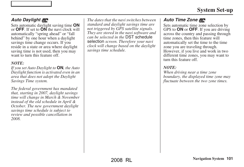 System set-up, 2008 rl | Acura 2008 RL Navigation User Manual | Page 101 / 162