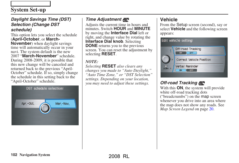 System set-up | Acura 2008 RL Navigation User Manual | Page 102 / 162