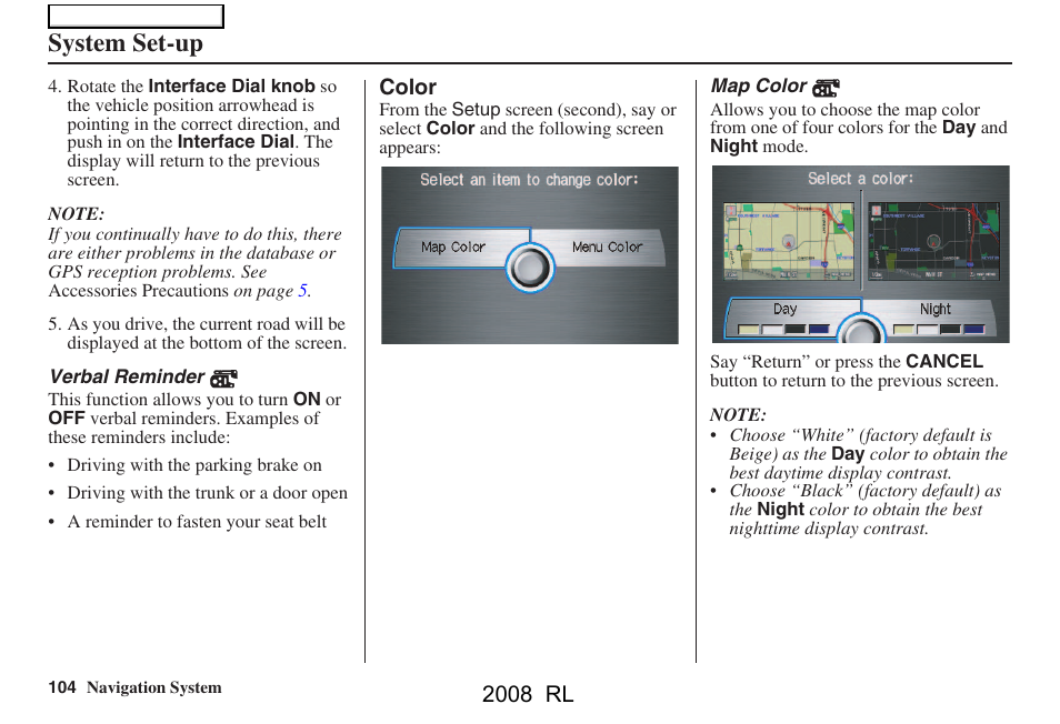 System set-up, 2008 rl | Acura 2008 RL Navigation User Manual | Page 104 / 162