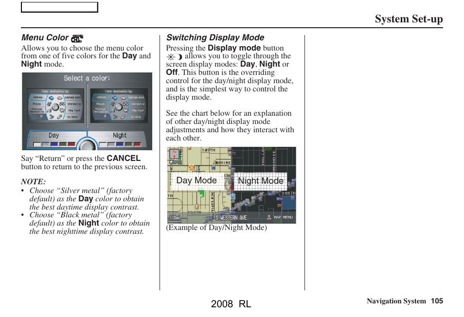 System set-up, 2008 rl | Acura 2008 RL Navigation User Manual | Page 105 / 162
