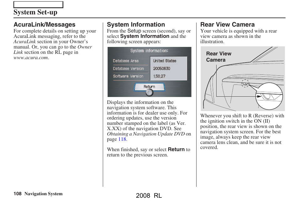 System set-up | Acura 2008 RL Navigation User Manual | Page 108 / 162