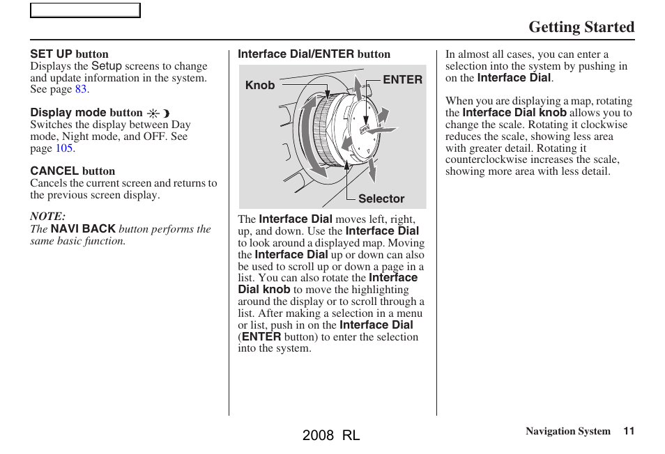 Getting started, 2008 rl | Acura 2008 RL Navigation User Manual | Page 11 / 162