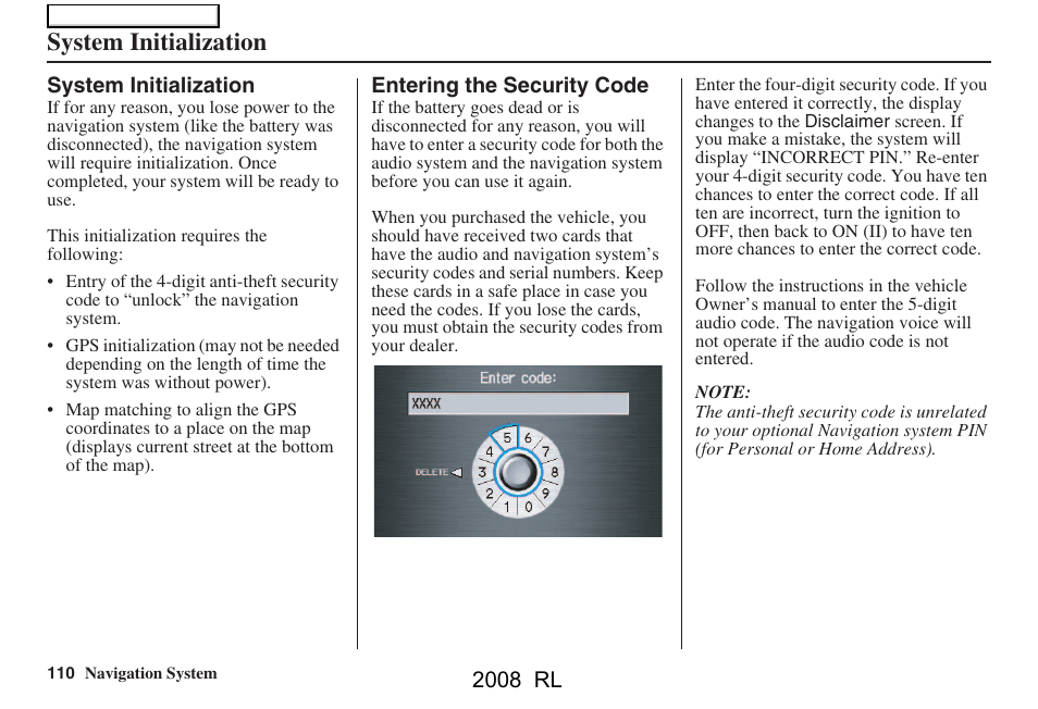 System initialization | Acura 2008 RL Navigation User Manual | Page 110 / 162