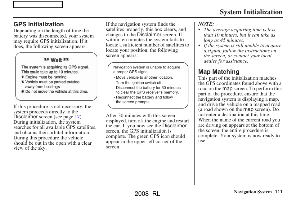 System initialization, 2008 rl | Acura 2008 RL Navigation User Manual | Page 111 / 162