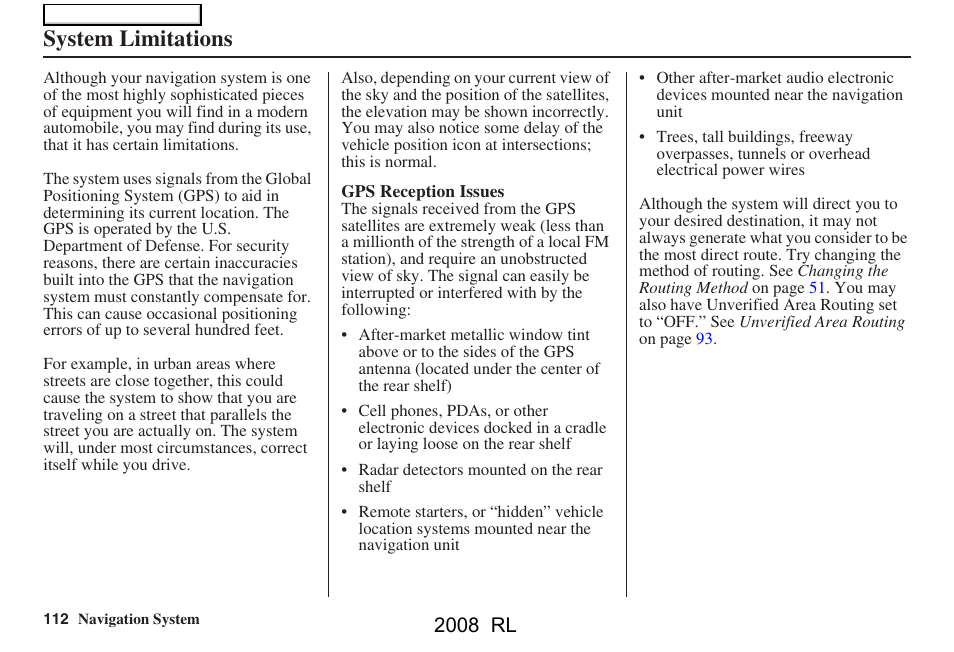 System limitations, 2008 rl | Acura 2008 RL Navigation User Manual | Page 112 / 162