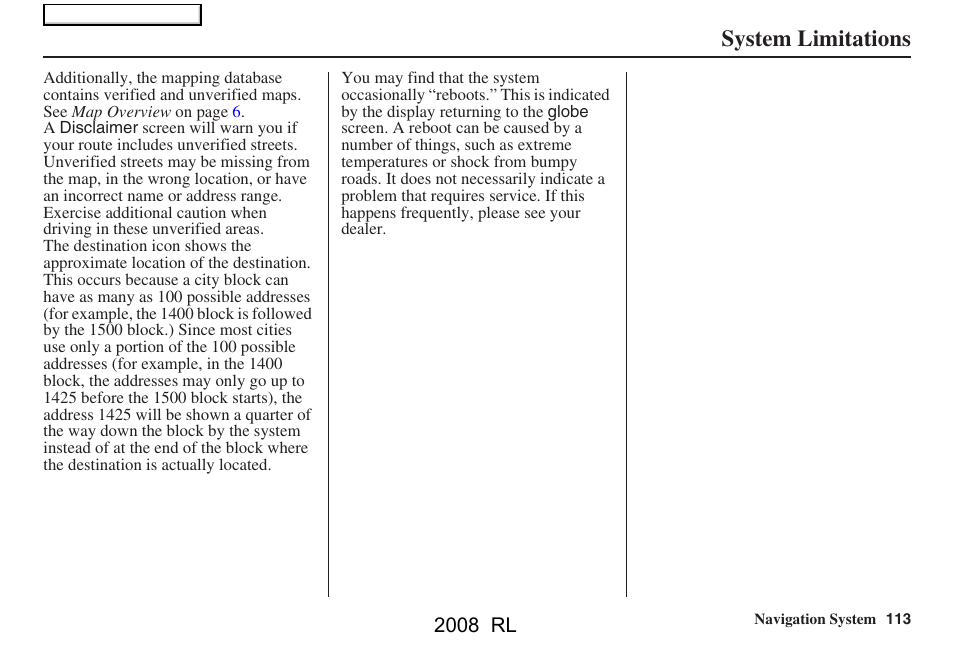 System limitations, 2008 rl | Acura 2008 RL Navigation User Manual | Page 113 / 162