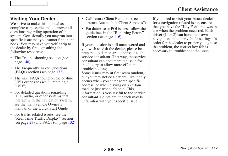 Client assistance, 2008 rl | Acura 2008 RL Navigation User Manual | Page 117 / 162
