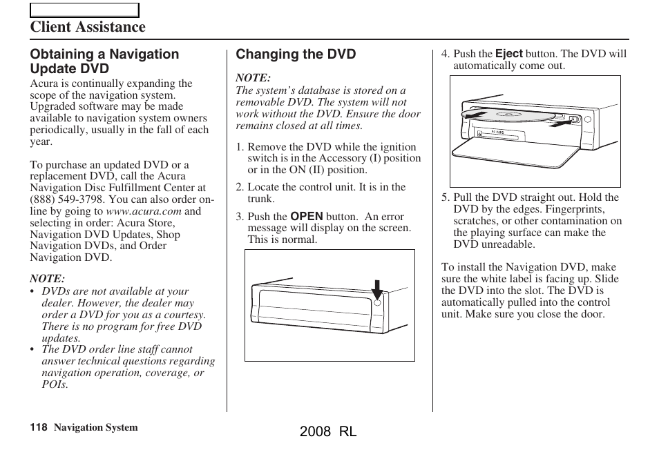 Client assistance, 2008 rl | Acura 2008 RL Navigation User Manual | Page 118 / 162