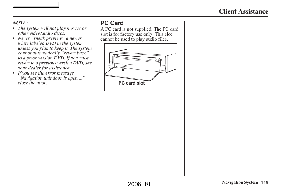 Client assistance, 2008 rl | Acura 2008 RL Navigation User Manual | Page 119 / 162