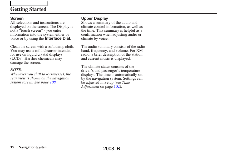 Getting started, 2008 rl | Acura 2008 RL Navigation User Manual | Page 12 / 162