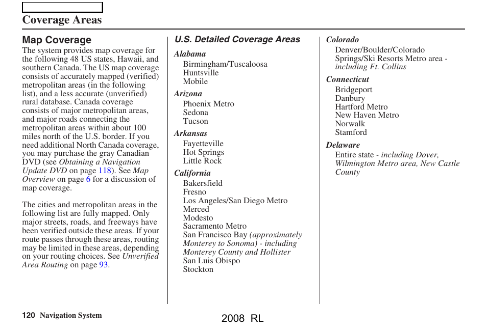 Coverage areas, 2008 rl | Acura 2008 RL Navigation User Manual | Page 120 / 162